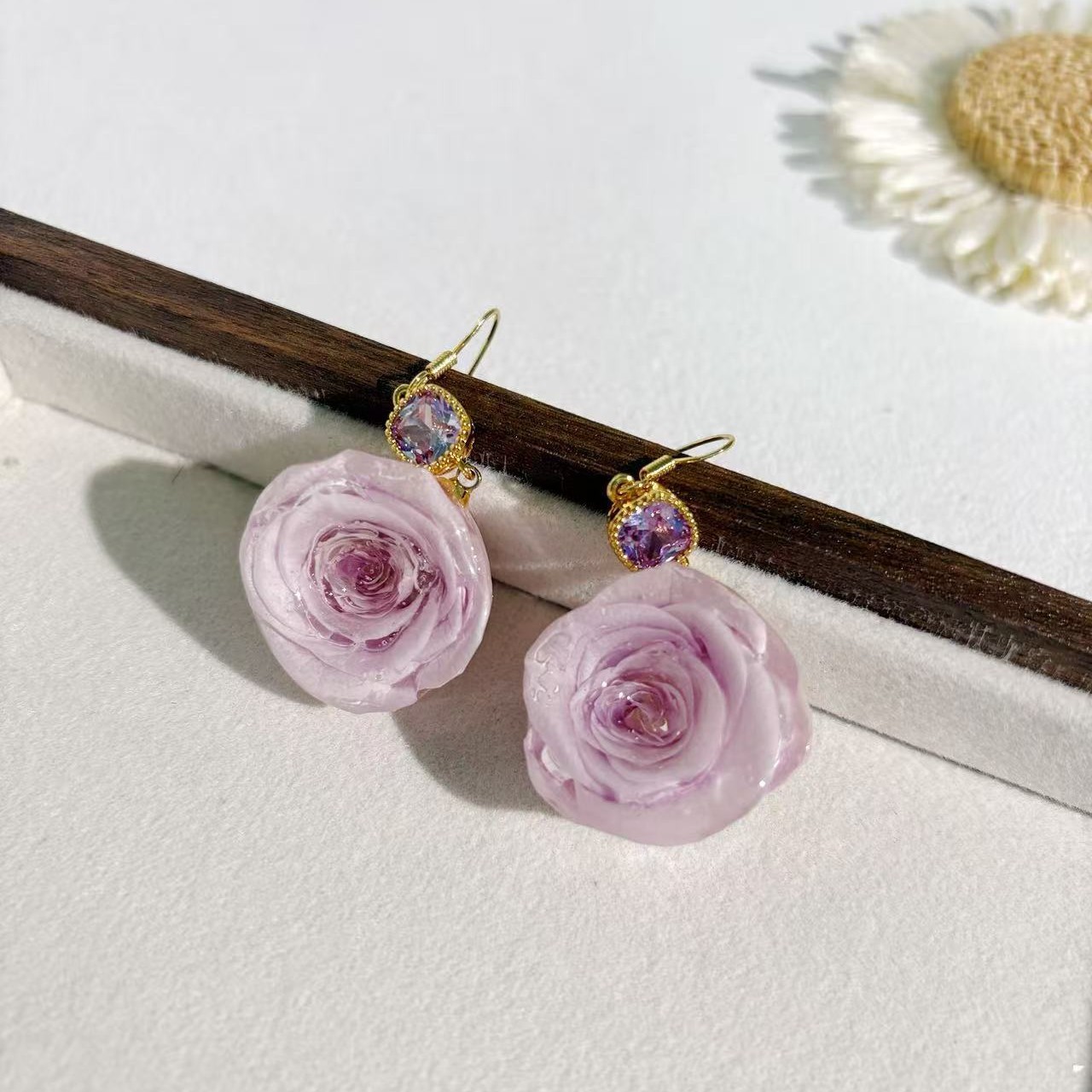 Ecuadorian Rose & Square CZ Dangle Earrings | Preserved Flower Jewelry