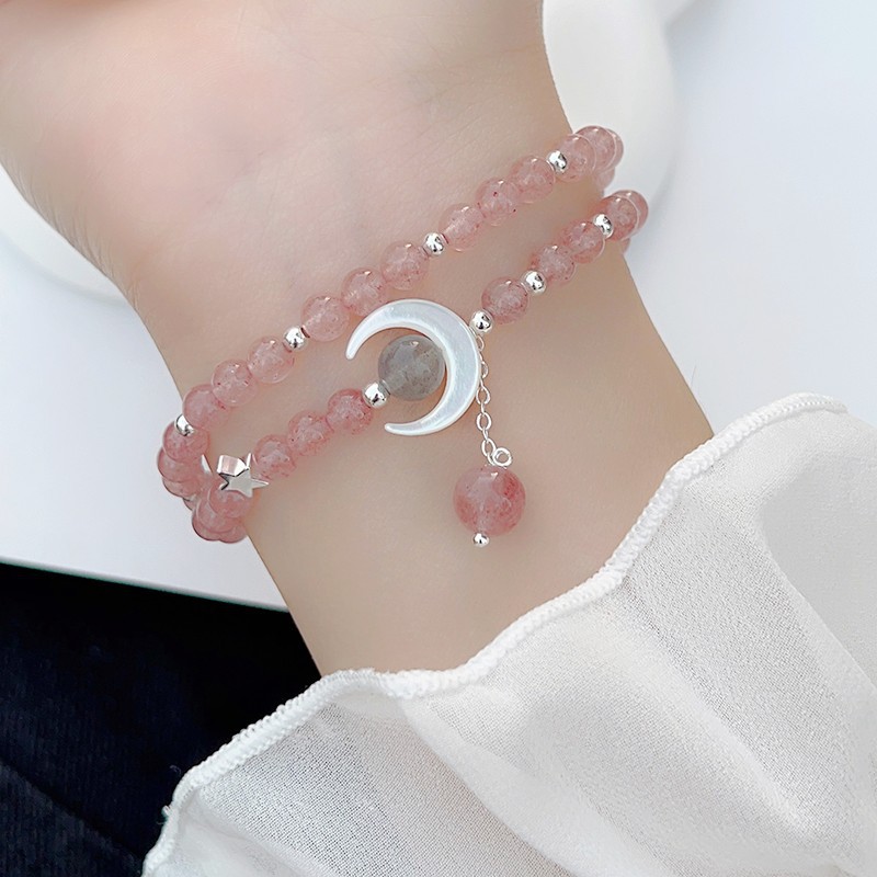 Ethereal Strawberry Quartz Double-Wrap Bracelet - Sweet Mother of Pearl Moon Charm Crystal Jewelry
