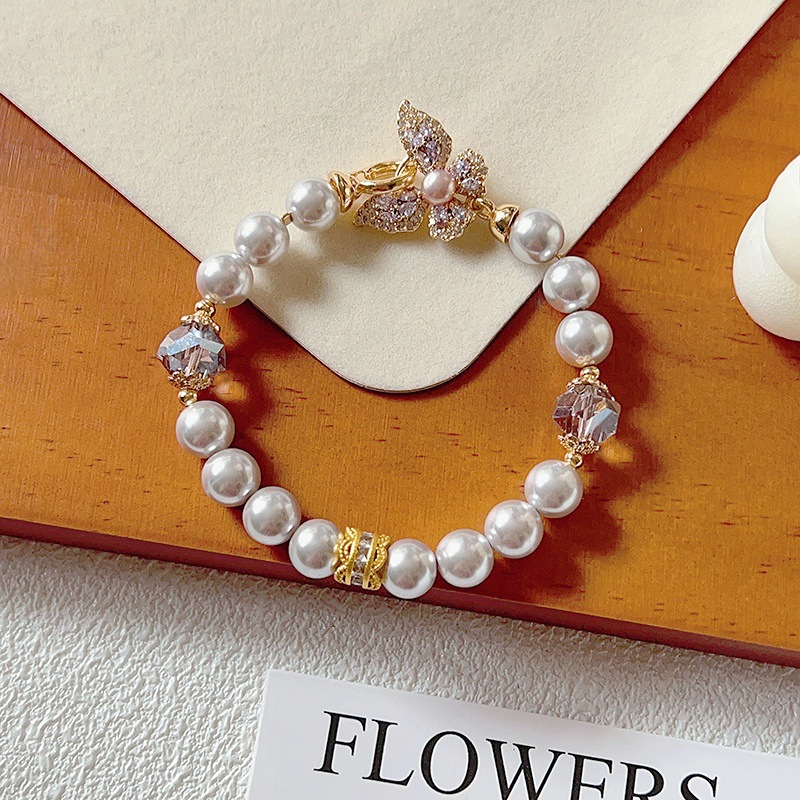 Elegant Butterfly & Simulated Pearl Bracelet - Sparkling Zircon Beaded Jewelry