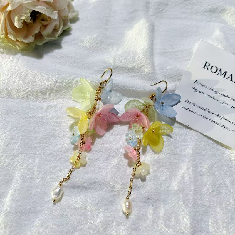 Korean Style Hydrangea Bud & Freshwater Pearl Earrings - Elegant Floral Wire Hooks