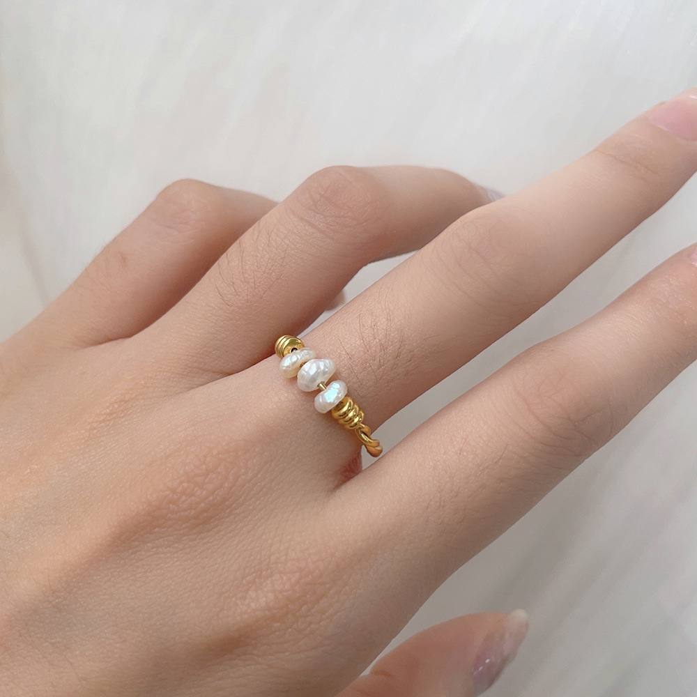 Hand-Twisted Freshwater Pearl Ring - Delicate Rope Band in Gold Tone Stainless Steel