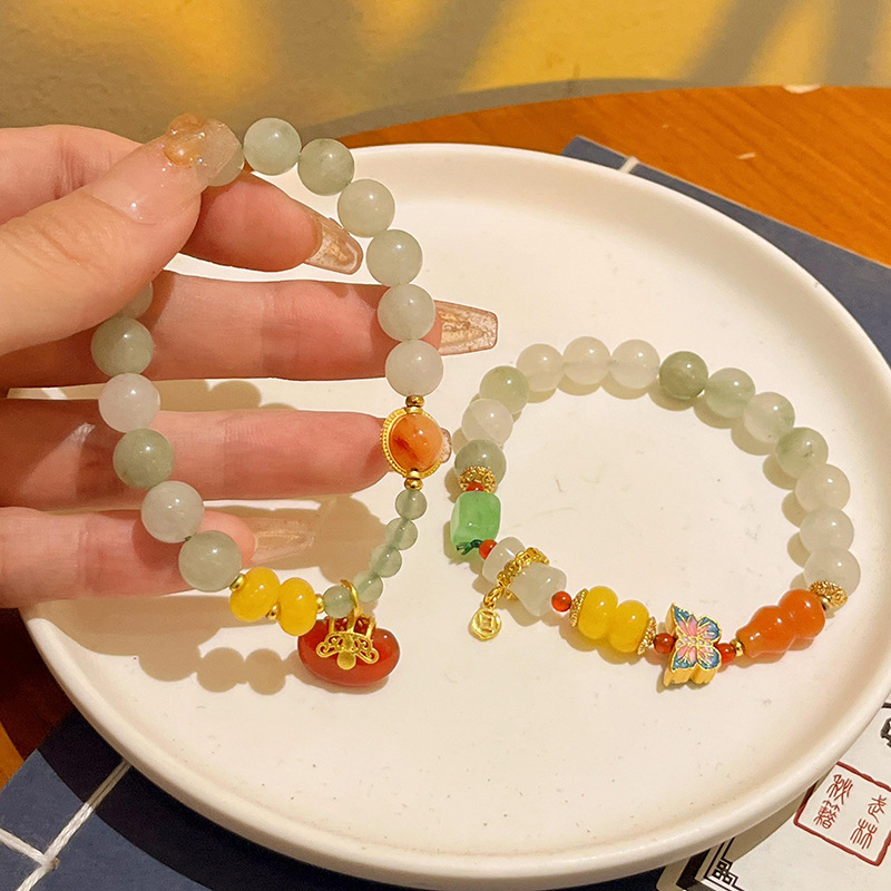 8mm Natural Tianshan Jade Bracelet - Elegant Butterfly & Ruyi Lock Charm Beaded Jewelry, New Chinese Style Good Fortune Gift