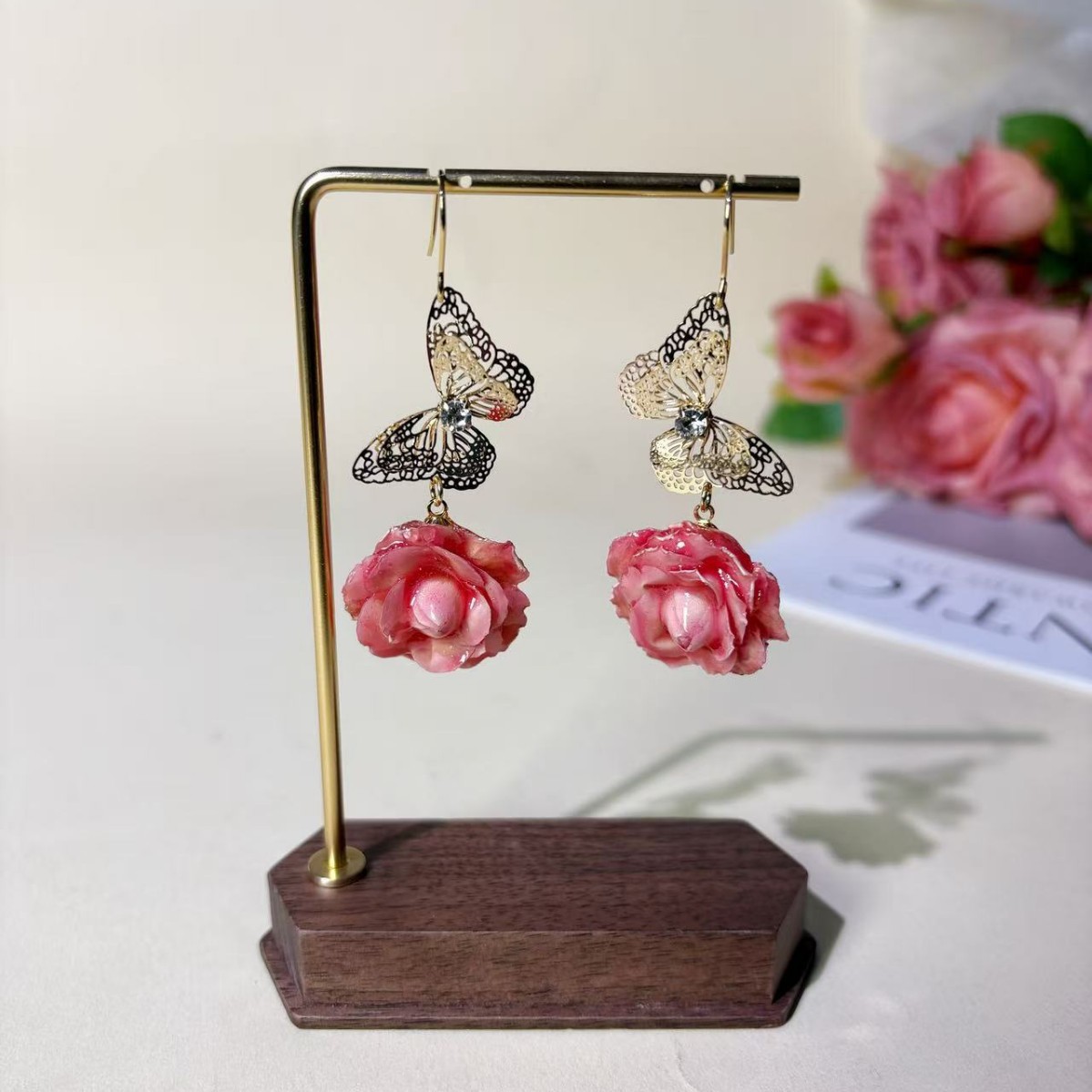 3D Butterfly & Dried Rose Earrings - Handmade Floral Studs