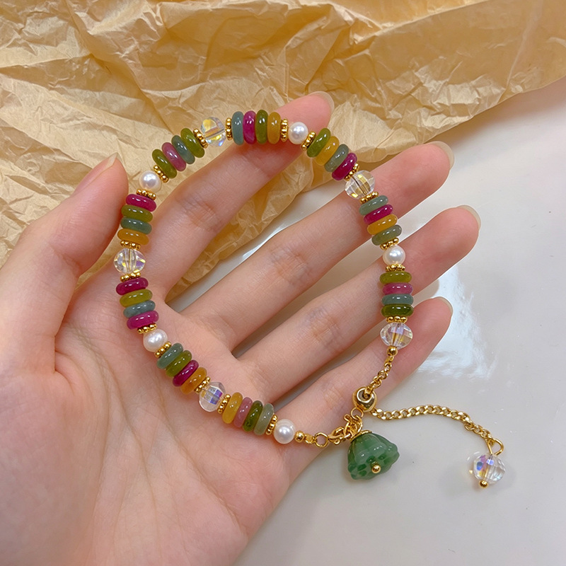 Dopamine Rainbow Tourmaline Pearl Bracelet | Lotus Seed Pod Charm