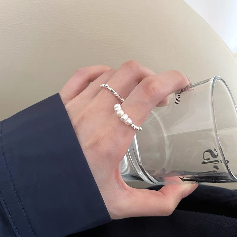 S925 Sterling Silver Pearl & Molten Silver Ring - Organic Irregular Joint Band