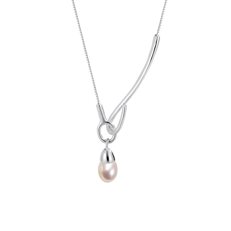 S925 Sterling Silver Linear Hook Pearl Necklace - Minimalist Bar Pendant Chain