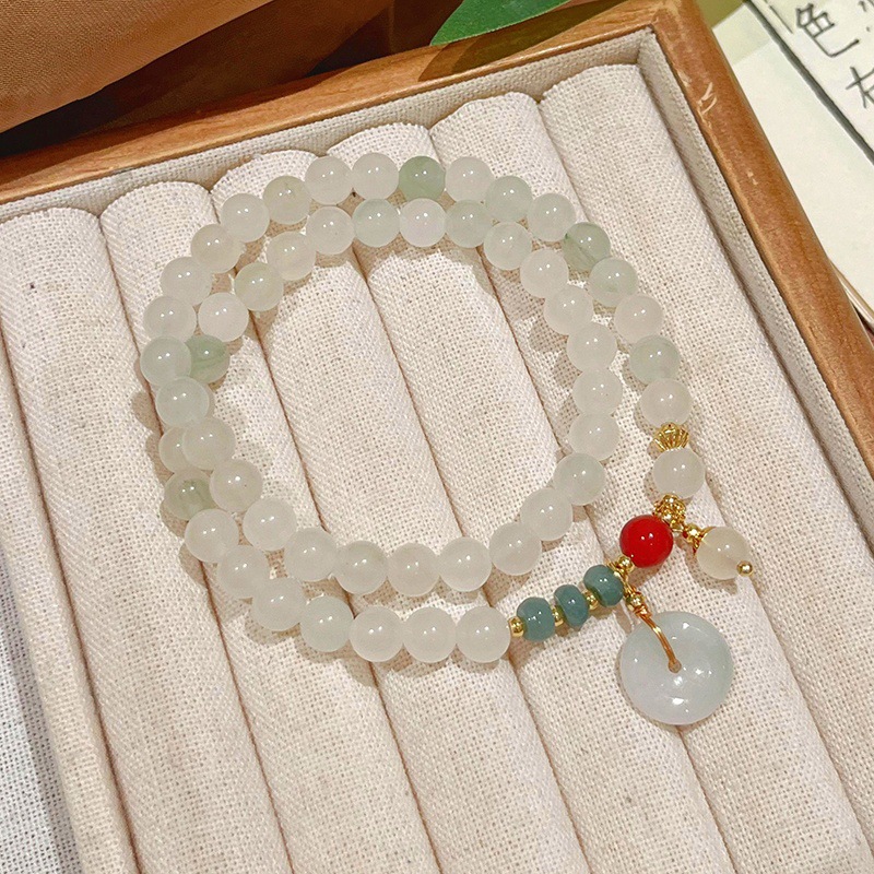 Double-Wrap Natural Tianshan Jade Bracelet - Peace Buckle, Leaf & Lion Charm Beaded Jewelry, Minimalist New Chinese Style