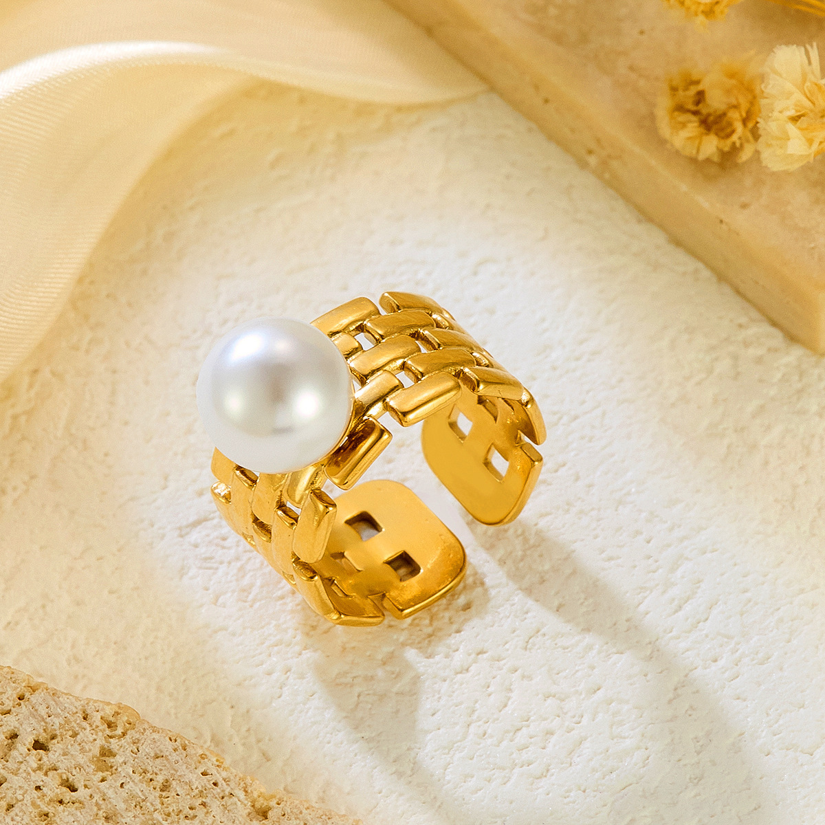Bold Geometric Wide Band Ring - 18K Gold Plated Stainless Steel Statement Piece for Women