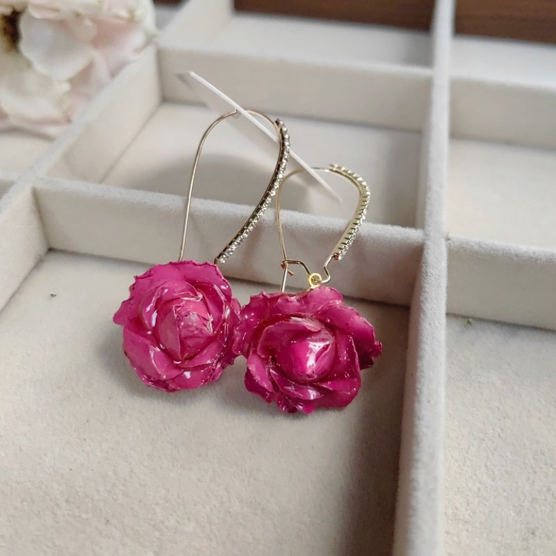 French Style Rhinestone Rose Earrings - Real Flower Wire Dangle Jewelry