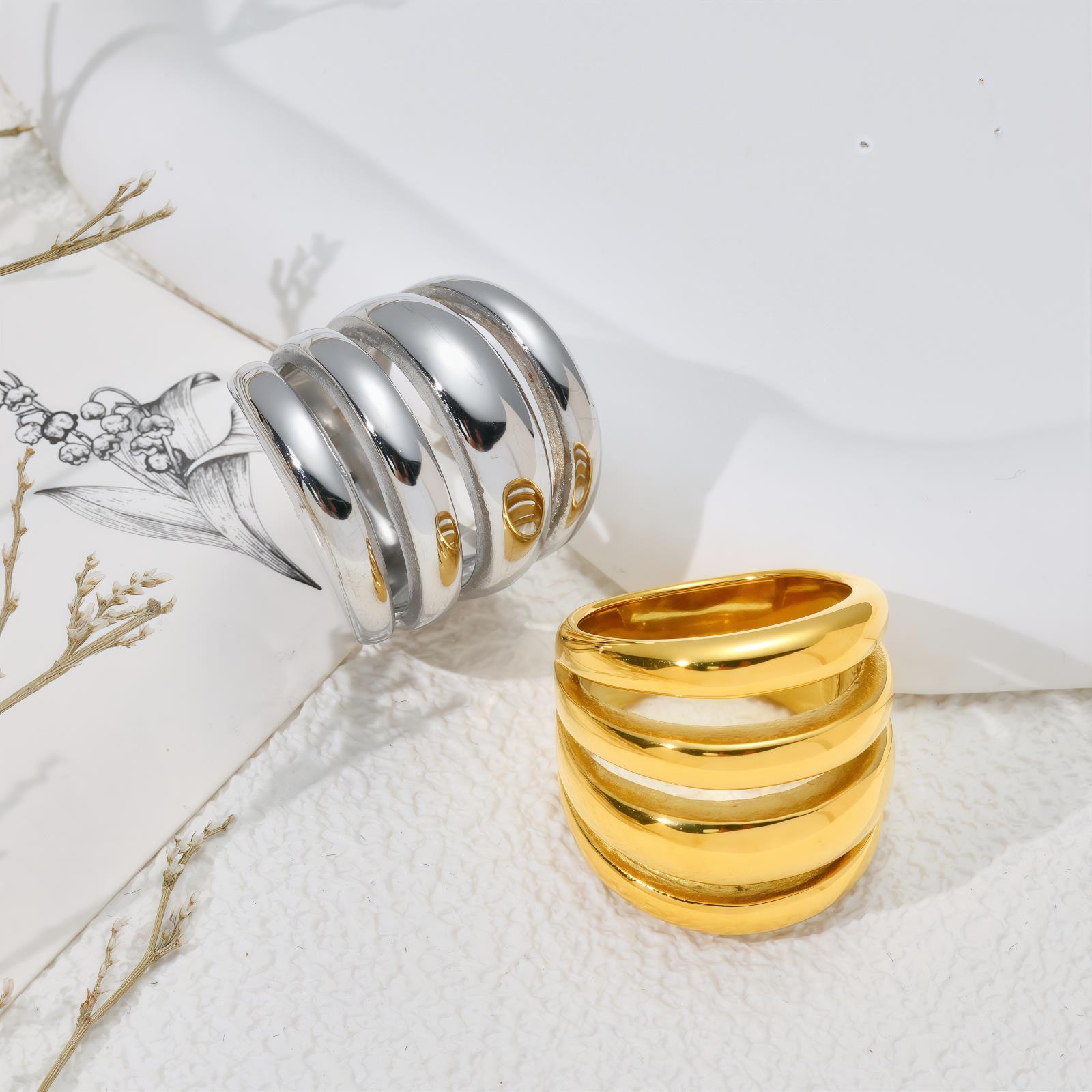 Edgy Four-Layer Hollow Ring - Intricate Cut-Out Design in Gold or Silver Tone Stainless Steel