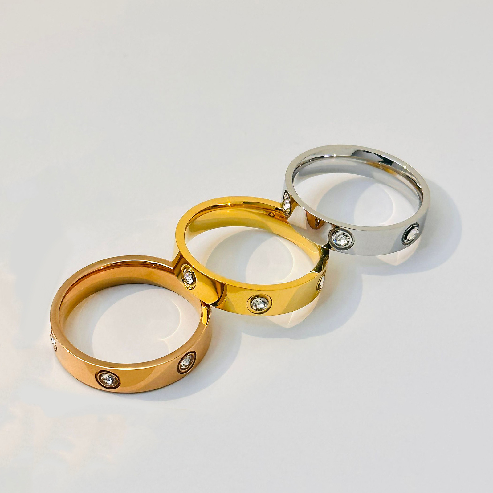 Luxury Titanium Steel Ring Collection - Full Pave & Horizontal Line Designs in Gold, Rose Gold & Silver