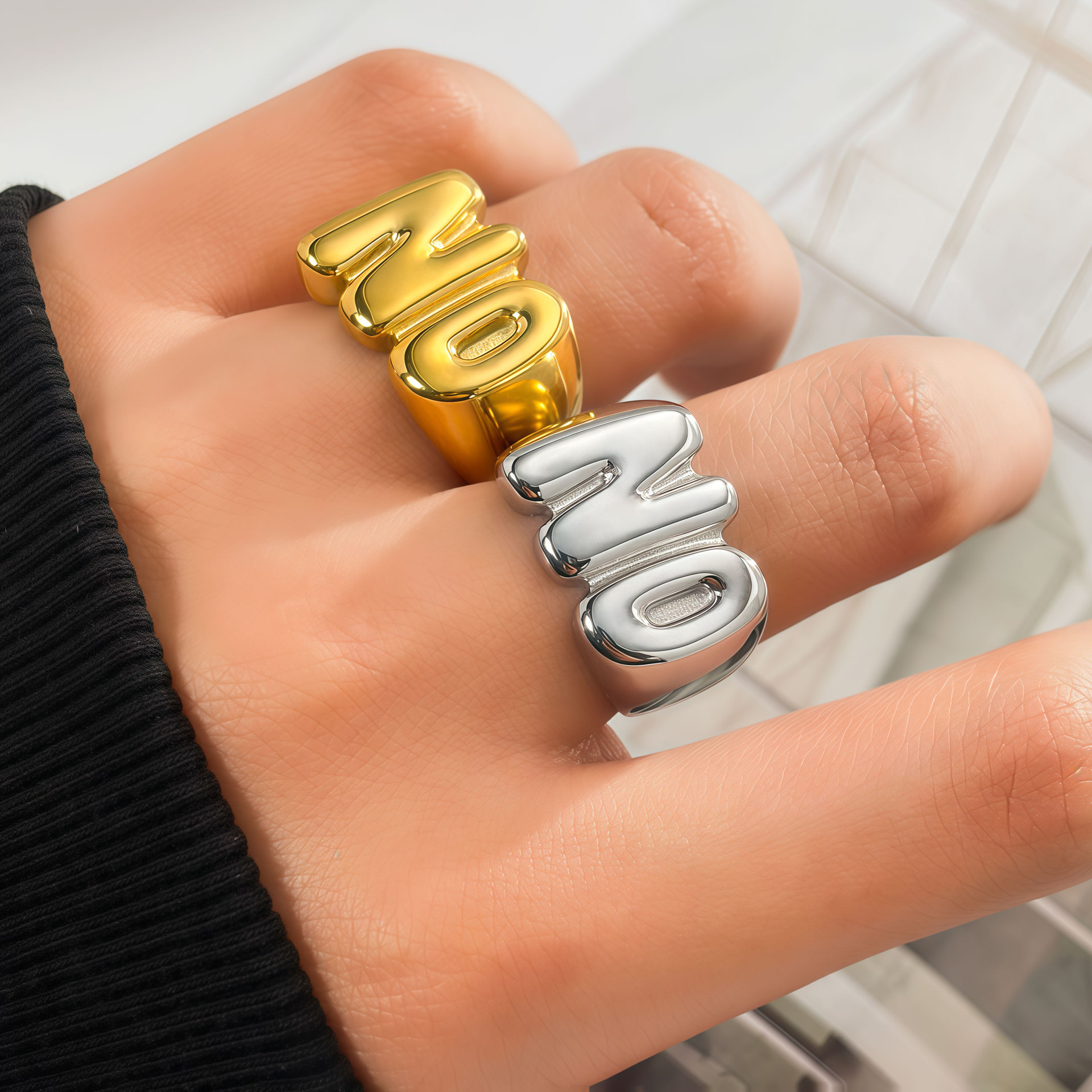 Bold Two-Tone "NO" Letter Ring - Modern Wide Band Stainless Steel Statement Piece