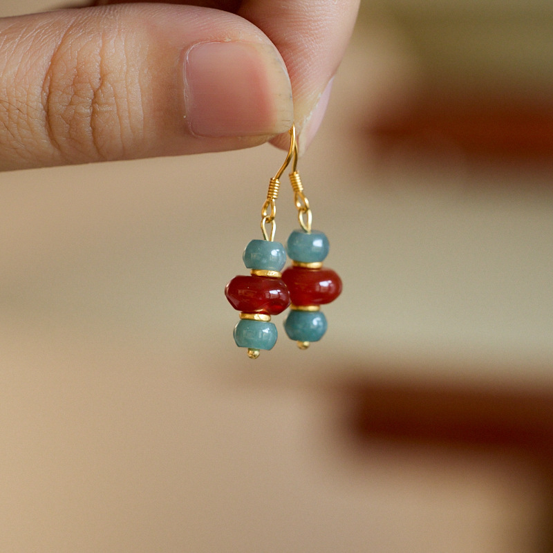 Blue Water Jadeite & Red Agate Earrings - 'A Thousand Miles of Rivers and Mountains' New Chinese Style 925 Silver Dangles