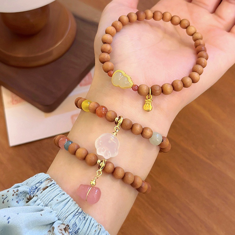 Barbie Sandalwood & Gemstone Bracelet - Lucky Cat Paw & Gourd Charm Wristband