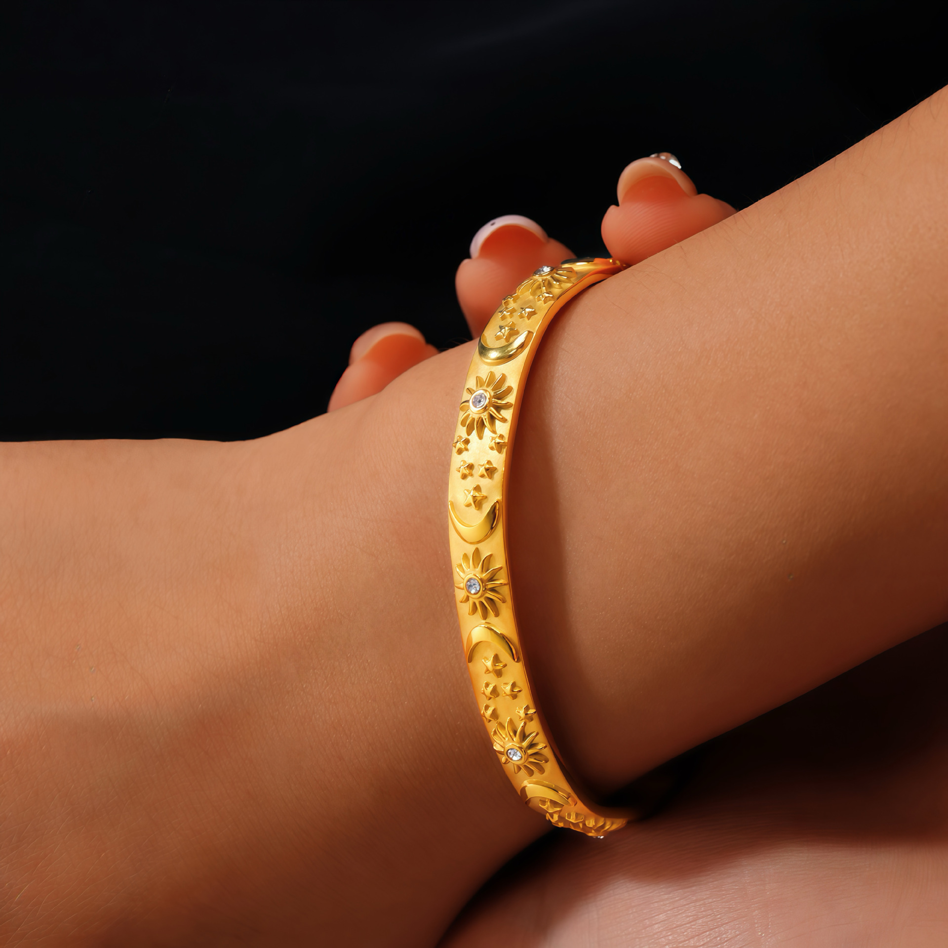 Celestial Sun & Moon Embossed Set - Titanium Steel Ring & Cuff Bracelet in Gold and Silver