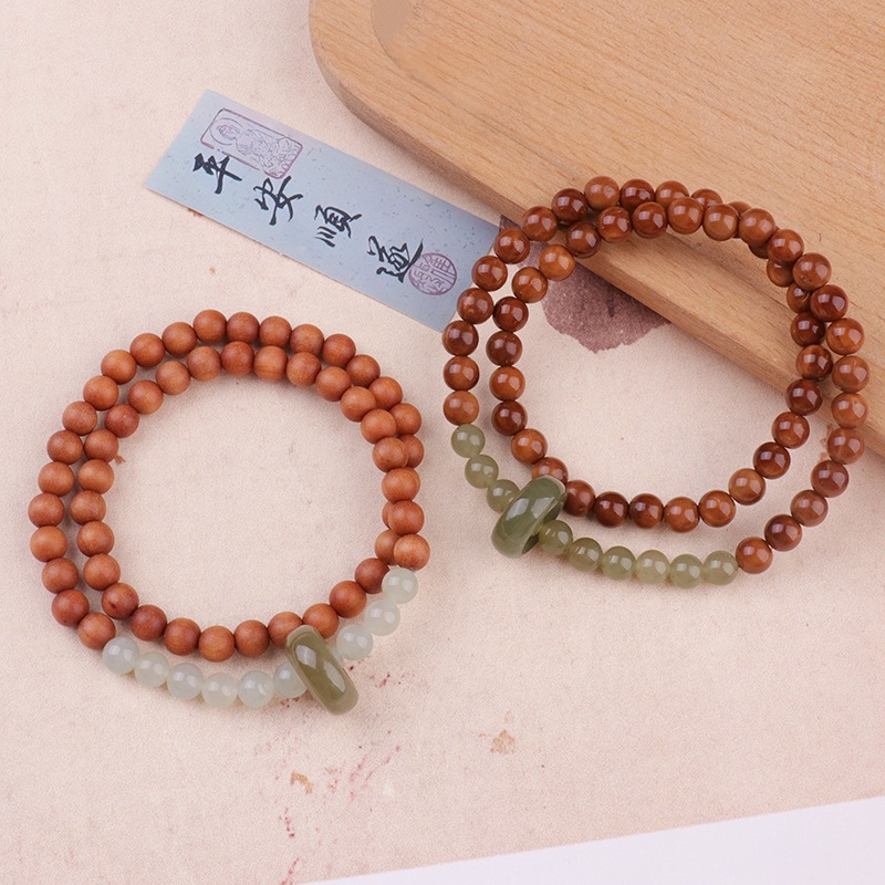 Qingshan Dai Natural Jade & Wood Double-Layer Bracelet - Zen Temple Style Beaded Wristband