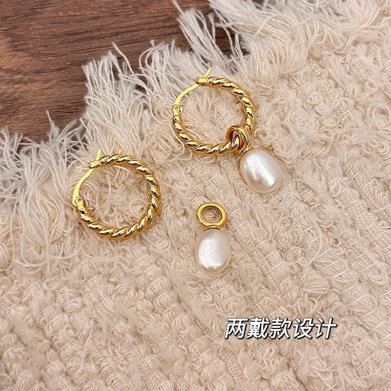 2-in-1 Baroque Pearl Hoop Earrings - Gold Tone