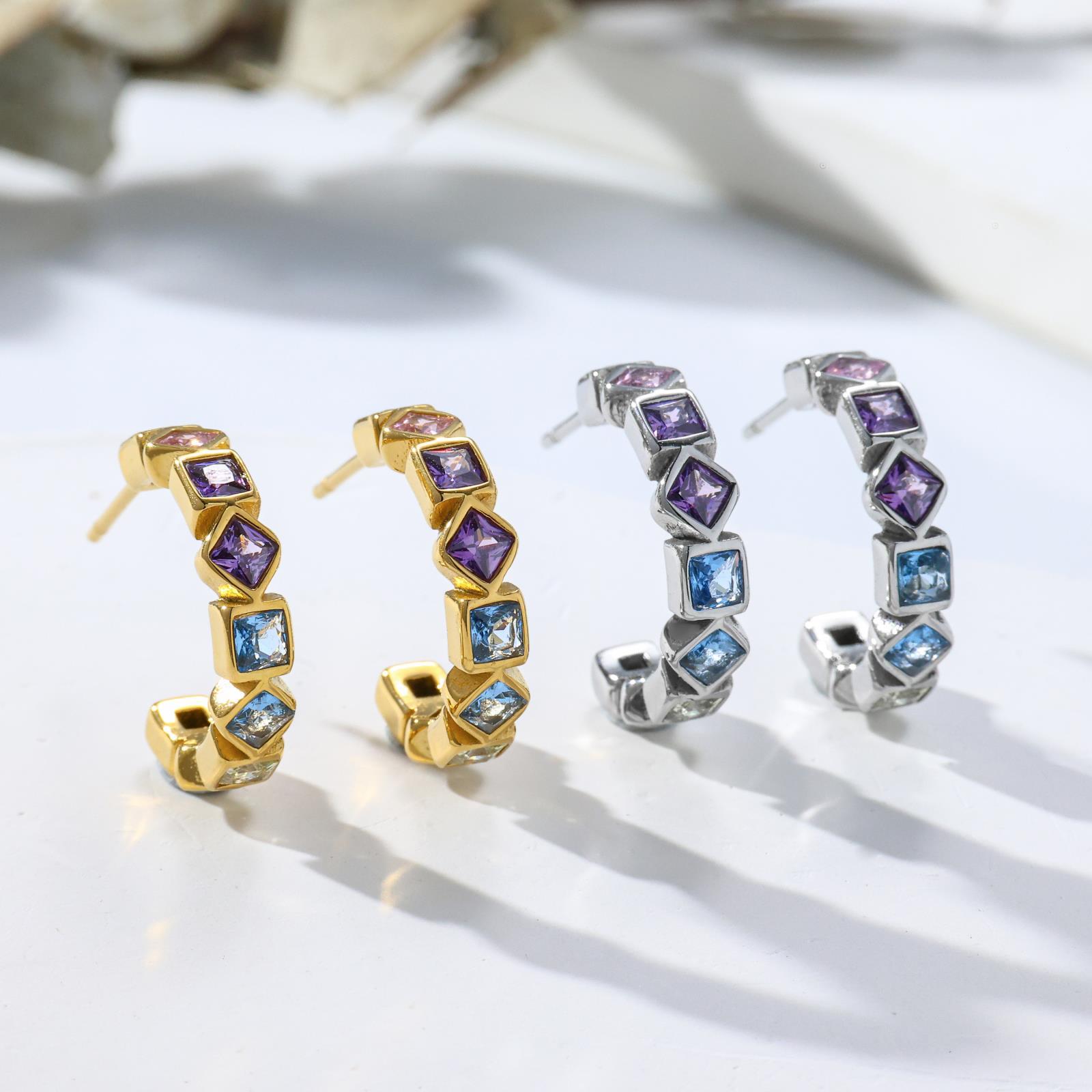 18K Gold Plated Gradient CZ C-Shaped Earrings | Stainless Steel