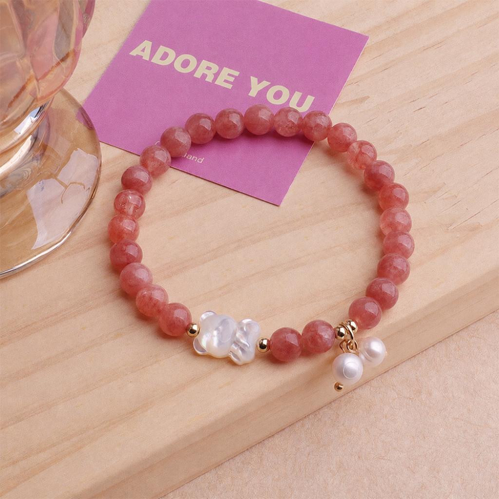 Cute Strawberry Quartz Bear Bracelet - Sweet Pink Crystal Beaded Jewelry with Adorable Bear Charm