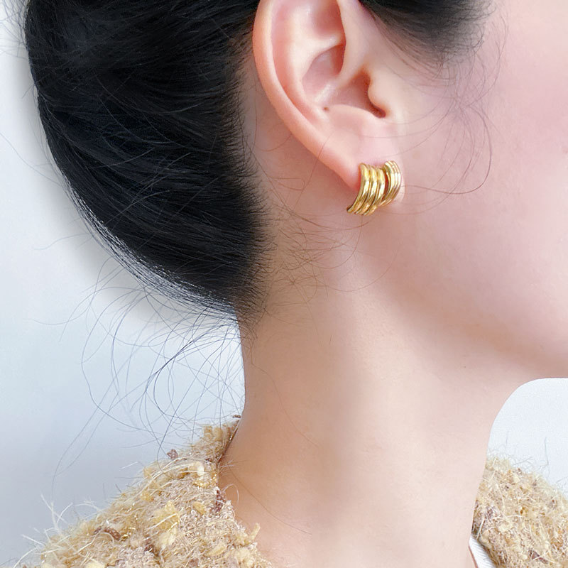 Layered C-Shape Geometric Stud Earrings - Gold & Silver Tone Stainless Steel Minimalist Jewelry