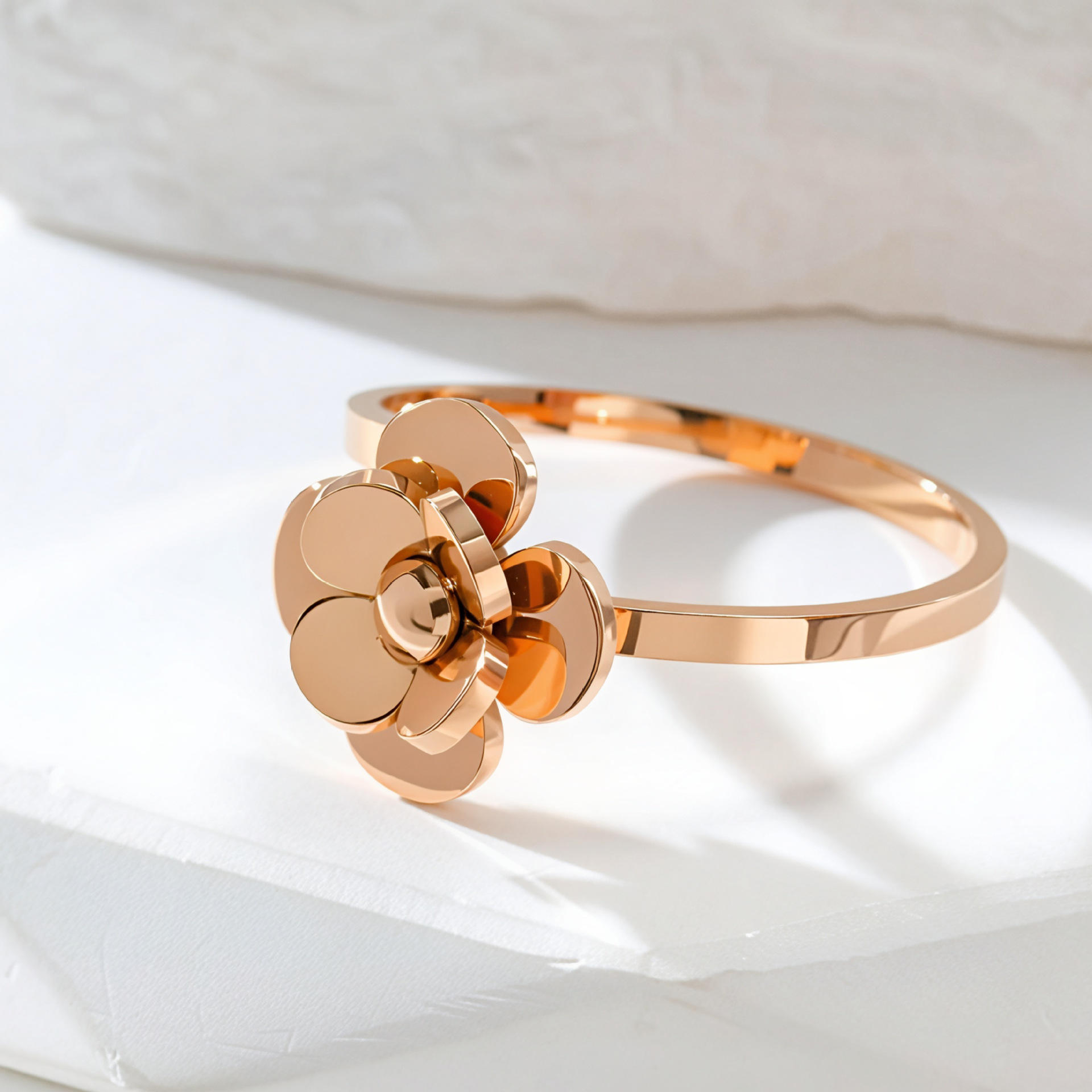 3D Rose Camellia Open Ring in Rose Gold Tone