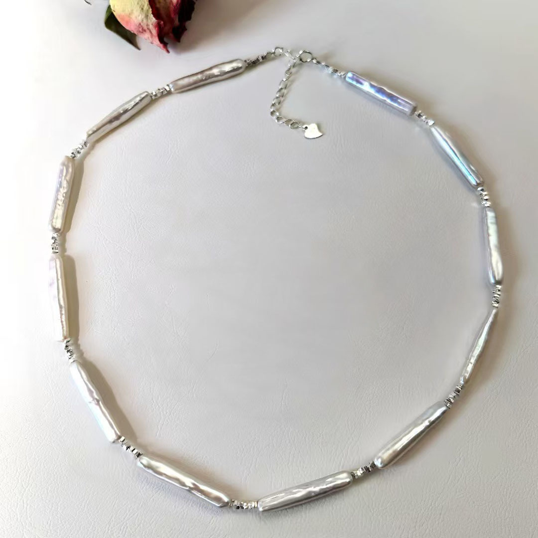 S925 Sterling Silver Baroque Pearl & Crushed Silver Necklace
