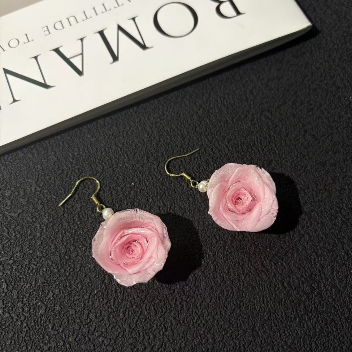 Ecuadorian Preserved Rose Hook Earrings - Freshwater Pearl & Floral Drops