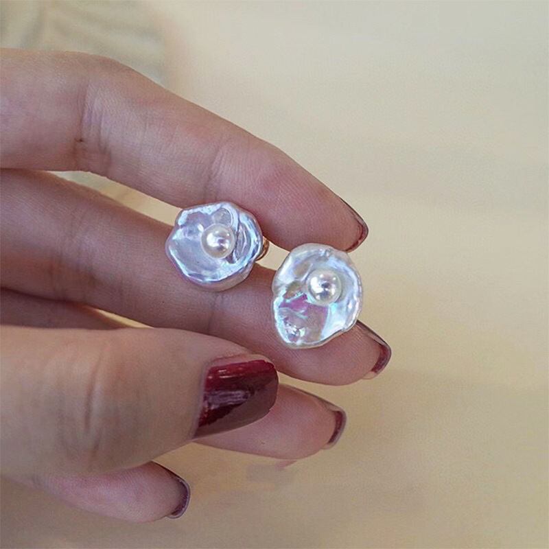 French Vintage Baroque Pearl Flower Stud Earrings with S925 Silver