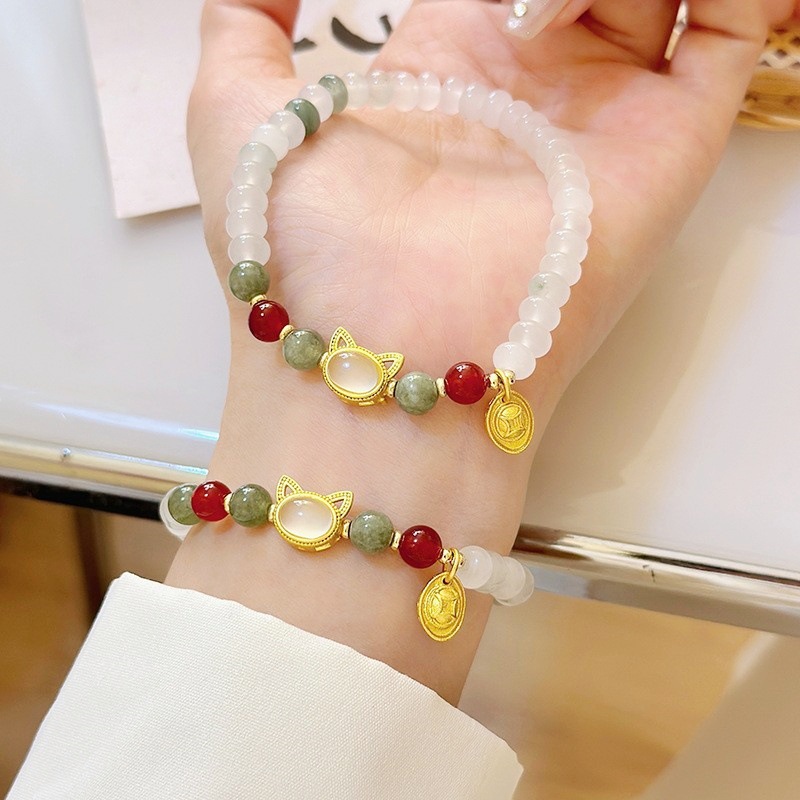 Zen Lucky Cat & Abacus Bead Bracelet - Natural Tianshan Jade & Aventurine Good Fortune Amulet, New Chinese Style Jewelry
