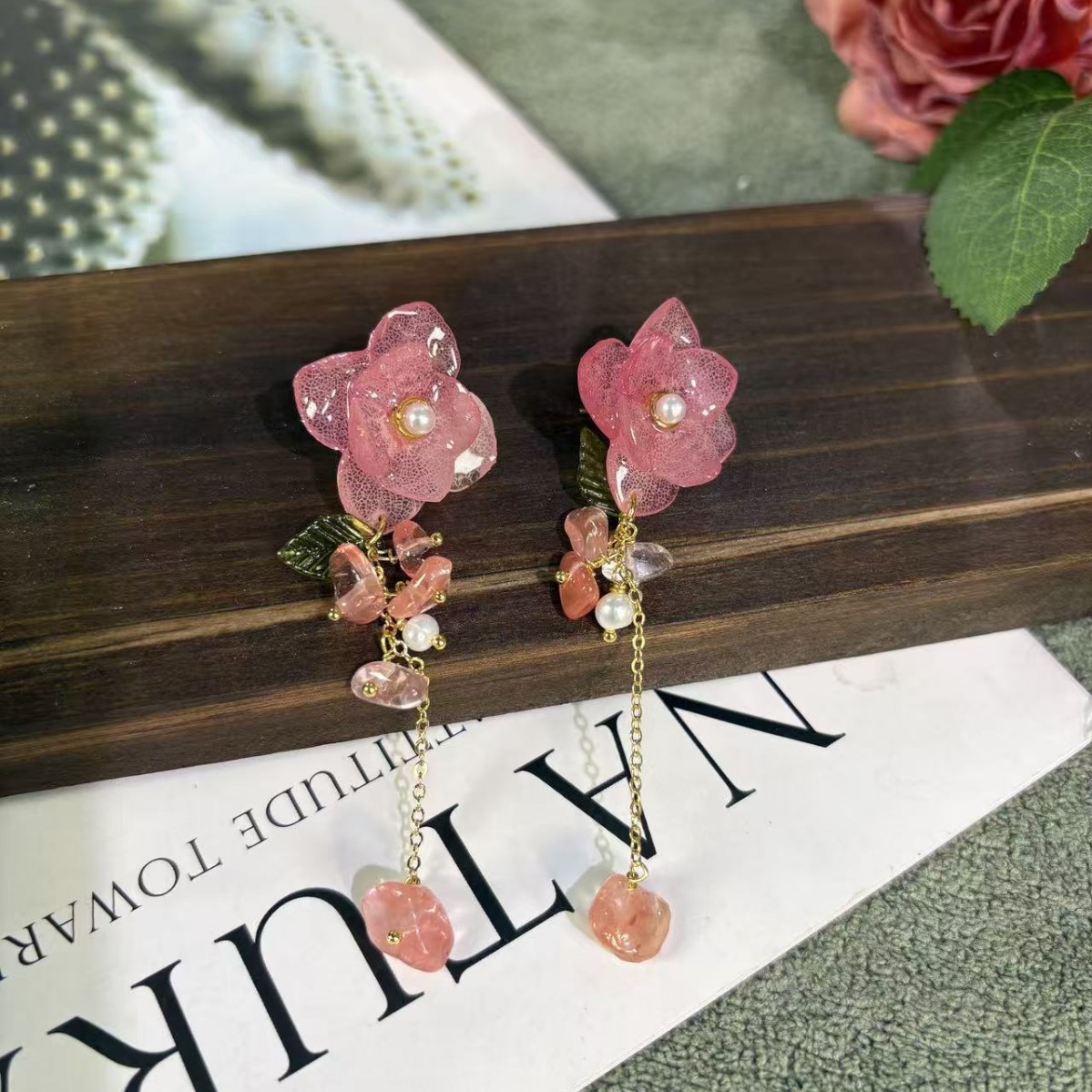 Handmade Hydrangea & Natural Stone Earrings - Sweet Floral Drop Jewelry