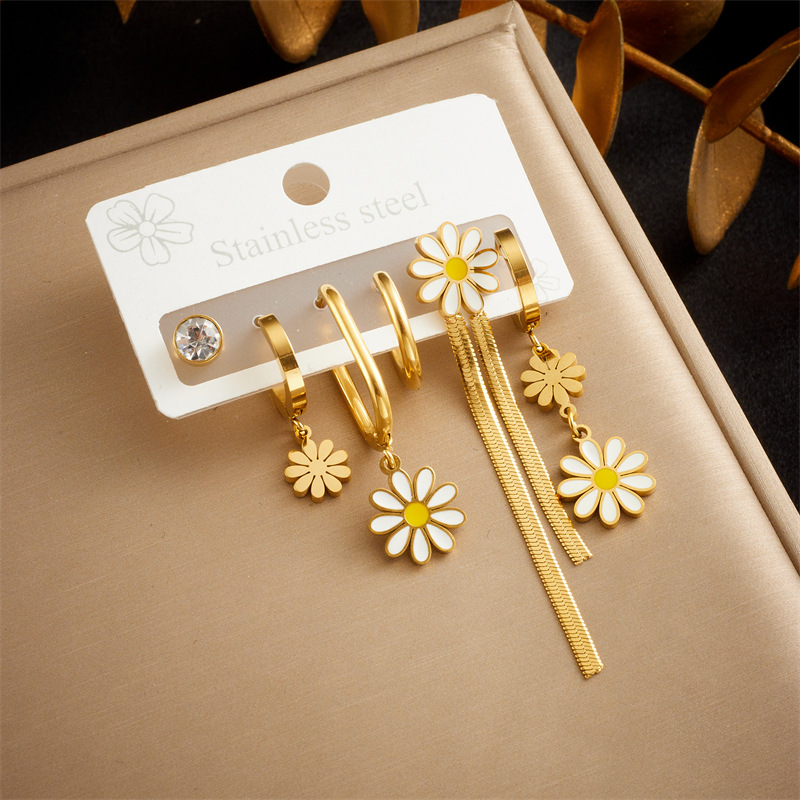 3-Piece Gold-Plated Daisy Earring Set - Asymmetrical Stainless Steel Jewelry