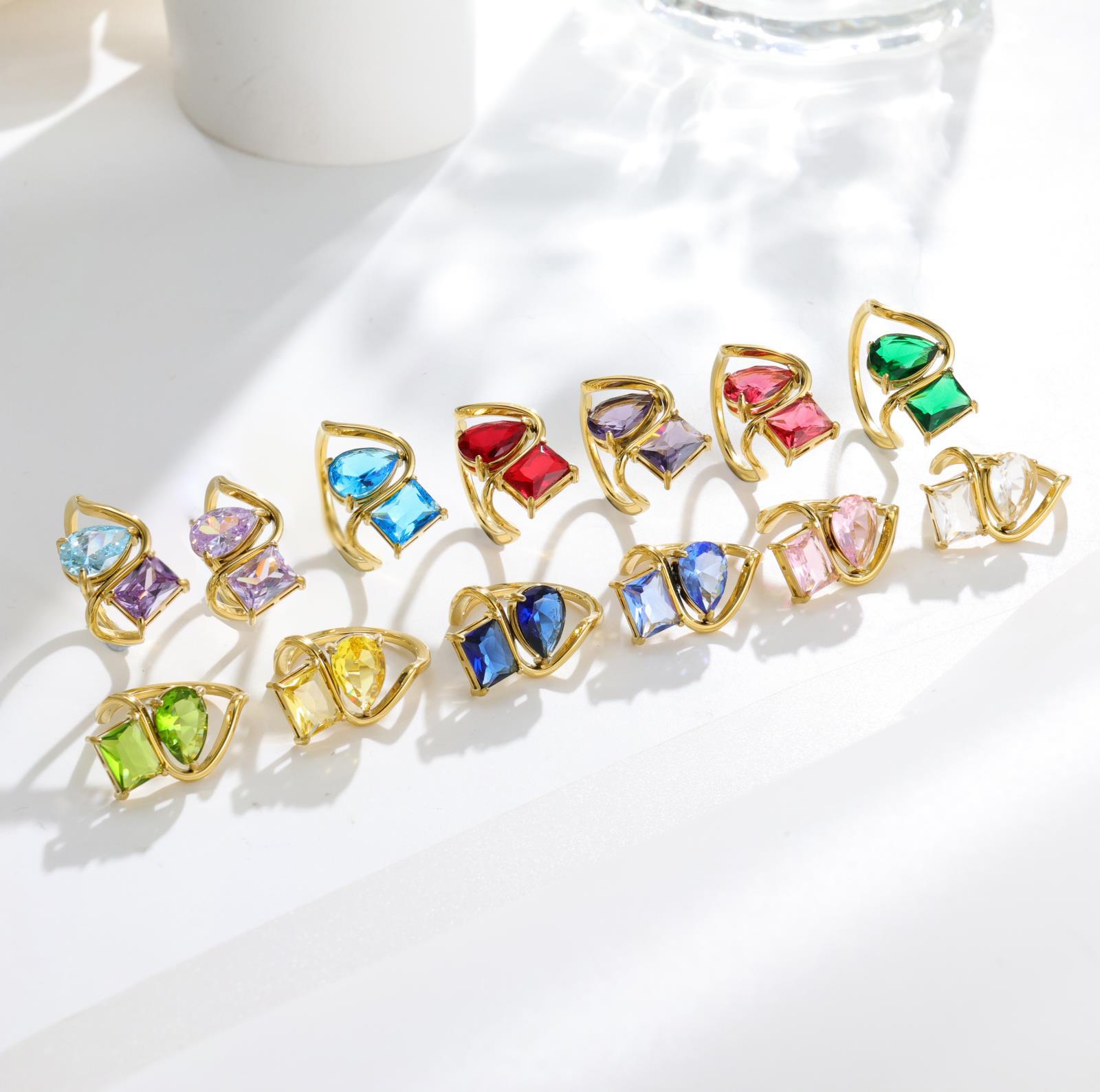 18K Gold Plated Geometric Open Ring with Colorful CZ