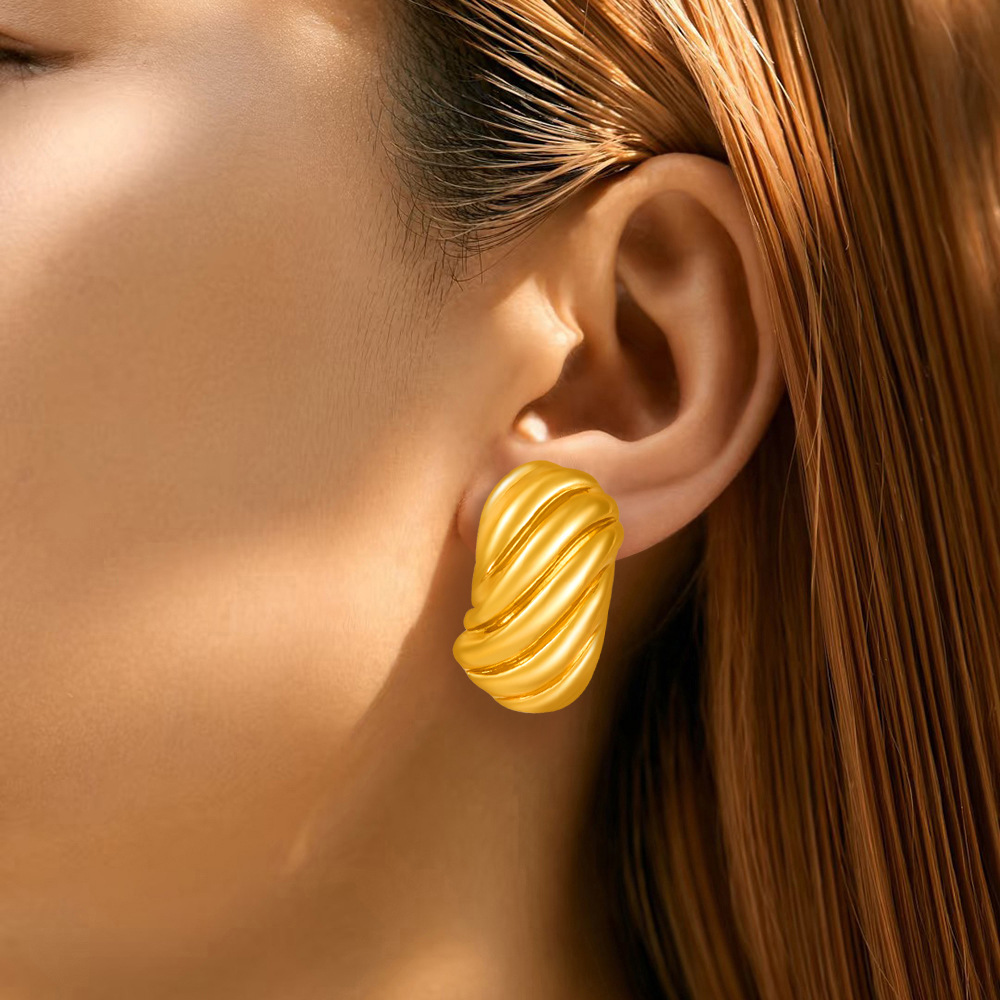18K Gold Plated Stainless Steel Earrings - Textured Shell & Stripe Pattern | Modern Minimalist Studs