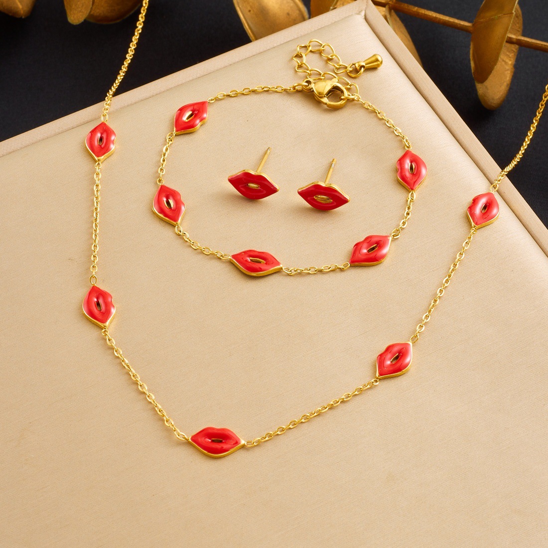Red Lip Jewelry Set - Gold Plated Stainless Steel Necklace, Earrings & Bracelet