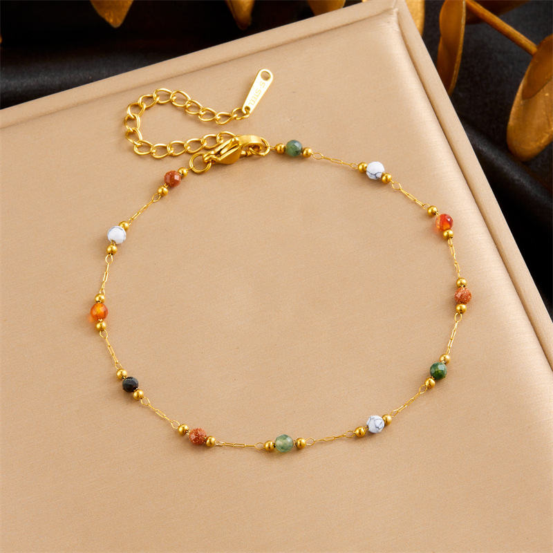 Bohemian Style Multi-Stone Beaded Chain Bracelet in Gold-Tone Stainless Steel