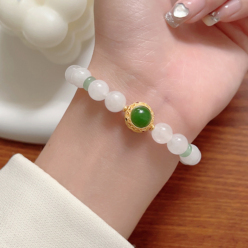 Elegant Natural White Jade Bracelet - 8mm Minimalist Stretch Beaded Bangle, Vintage Oriental Style Jewelry