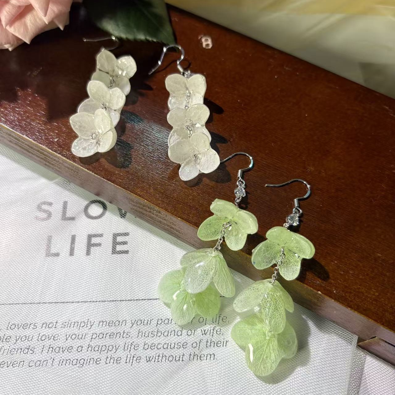 Ethereal Hydrangea Drop Earrings | Resin Flower & Pearl Dangle Jewelry
