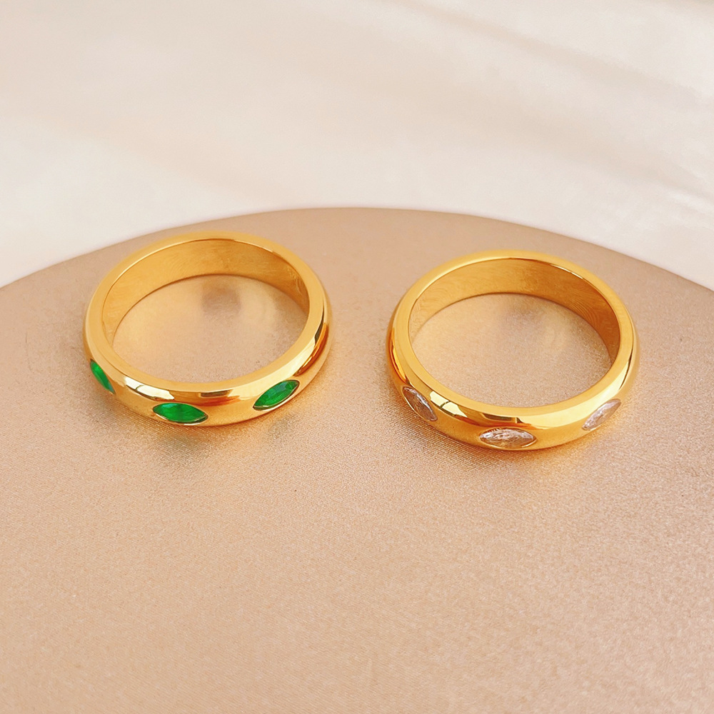 Sparkling Stackable Index Ring - Green & White Cubic Zirconia on Gold Tone Stainless Steel