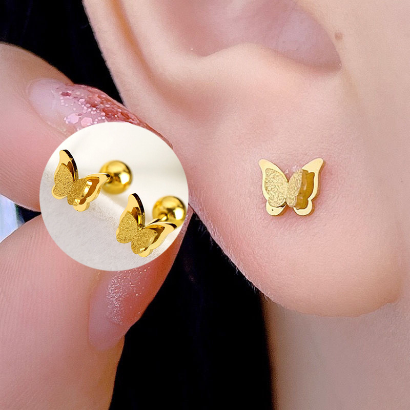 Golden Butterfly Stud Earrings with Secure Screw Backs - Premium Titanium Steel Ball Bead Hoops in 10mm & 6mm | Hypoallergenic & Tarnish-Resistant