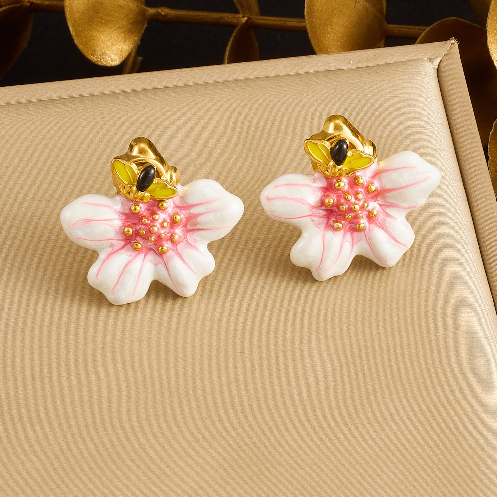 3D Floral Enamel Stud Earrings - Gold Plated Stainless Steel