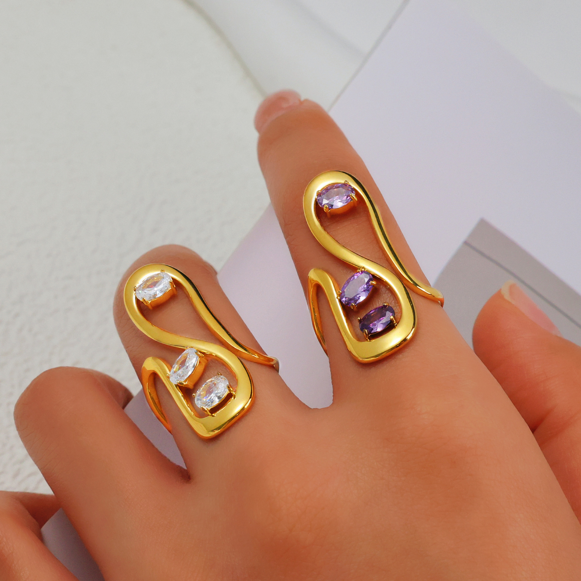 Bold Geometric Statement Ring - Irregular Asymmetric Design with Purple or White CZ in Gold Tone
