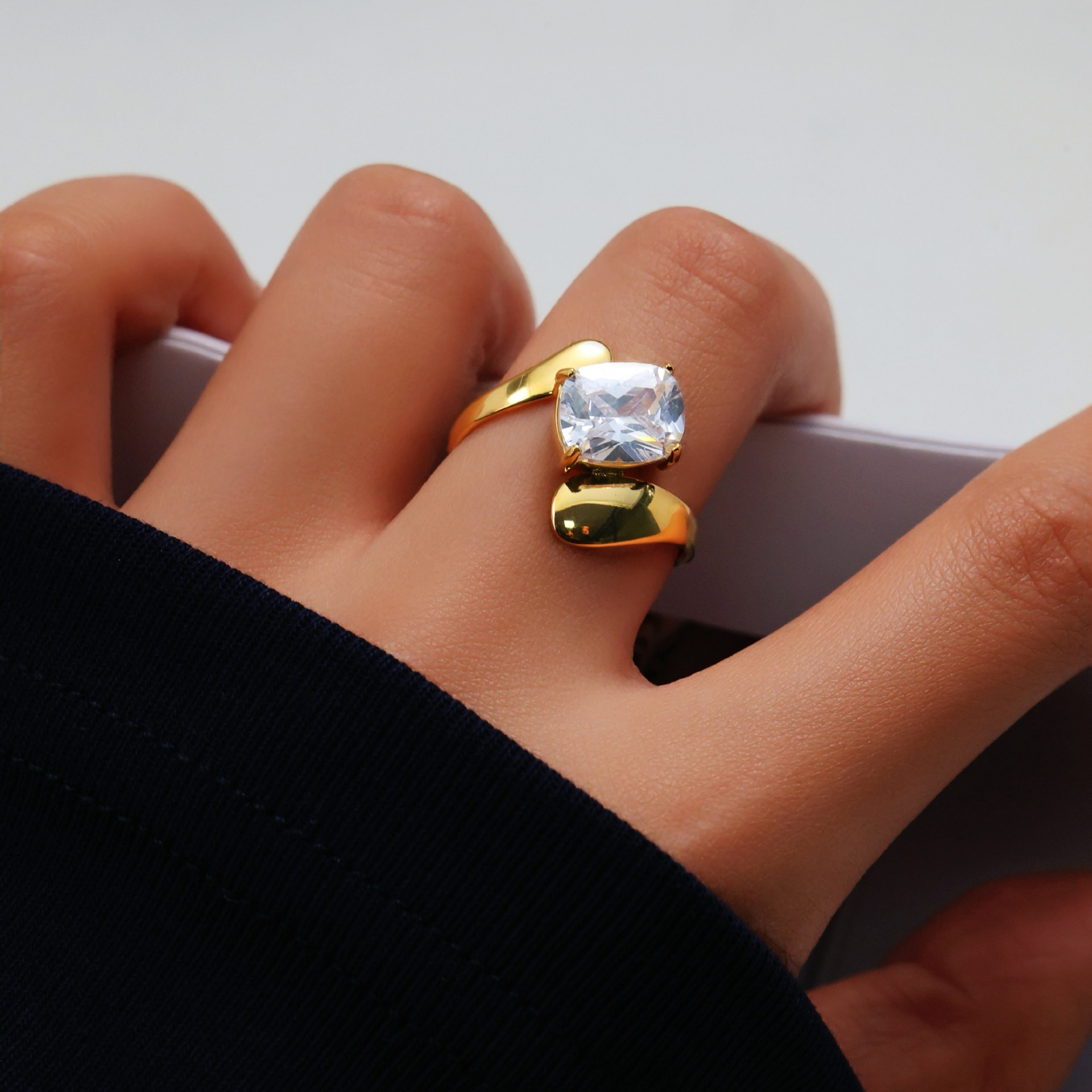 Elegant Oval Cut Adjustable Ring - Sparkling CZ on Gold Tone Stainless Steel