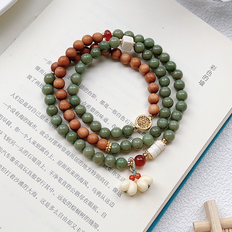 Avocado Green Alashan Agate & Sandalwood Beaded Bracelet - Oriental Floral Design