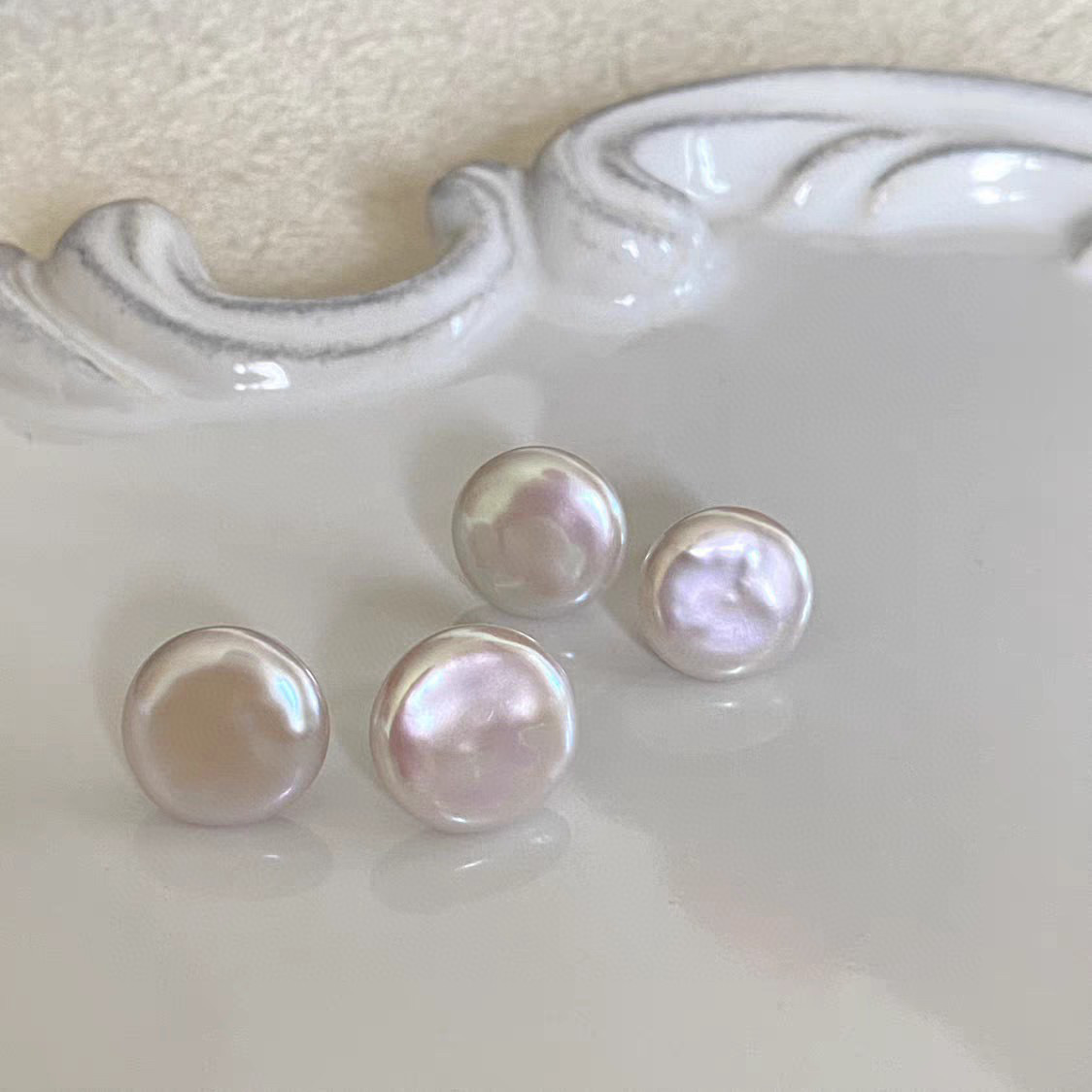 French Vintage Baroque Pearl Button Stud Earrings - S925 Sterling Silver