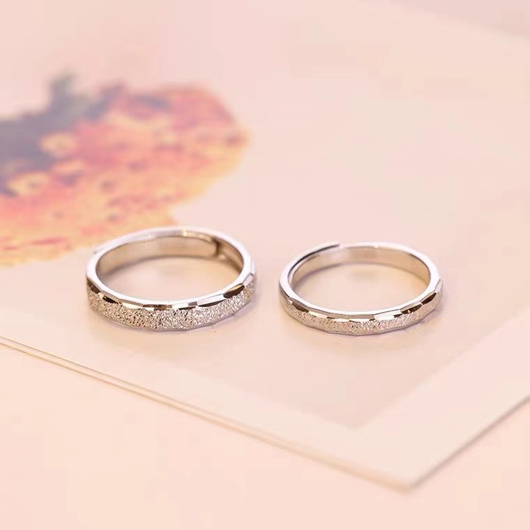 S925 Sterling Silver Matte Couple Rings - Minimalist Frosted Band, Adjustable Open Statement Rings for Him and Her
