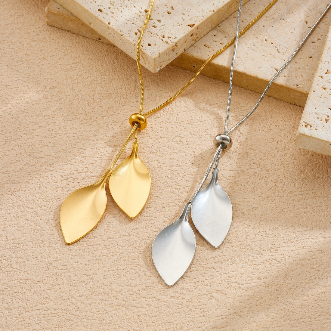 Adjustable Stainless Steel Necklace with Leaf Pendant
