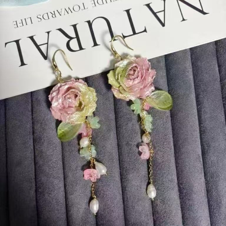 Ethereal Preserved Rose Tassel Earrings | Vintage Floral Dangle Jewelry