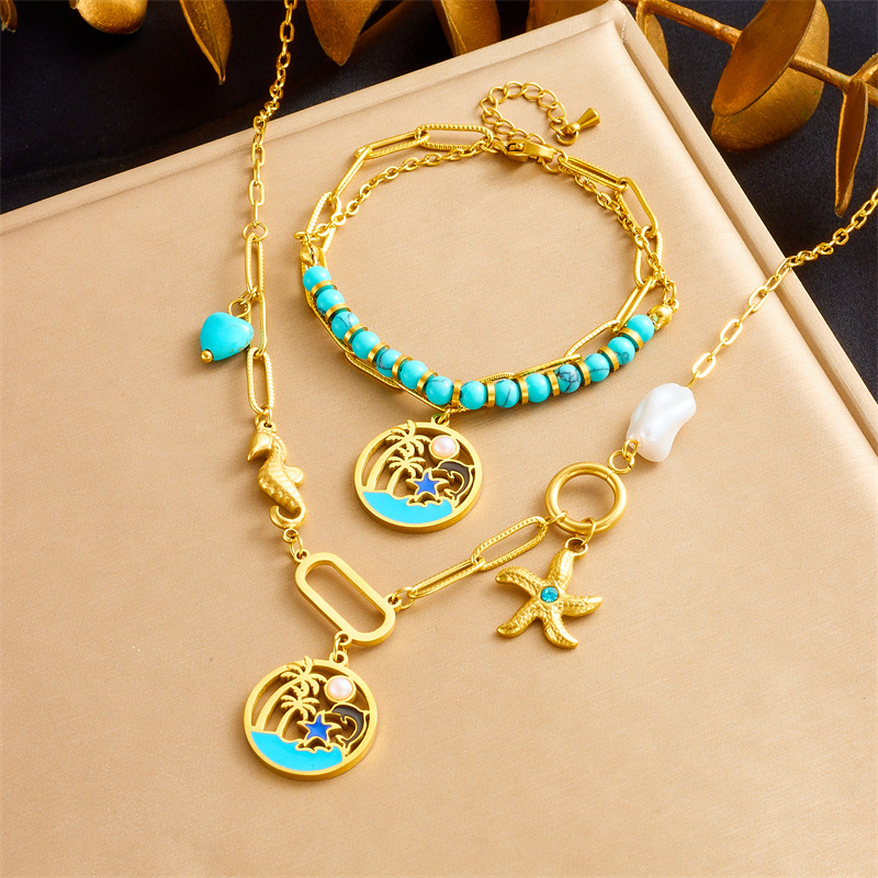 Bohemian Turquoise & Sea Life Jewelry Set - Gold Plated Stainless Steel Necklace & Bracelet