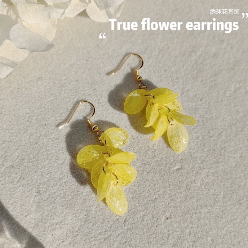9-Petal Hydrangea Resin Tassel Earrings - Real Flower Wire Hook Drops