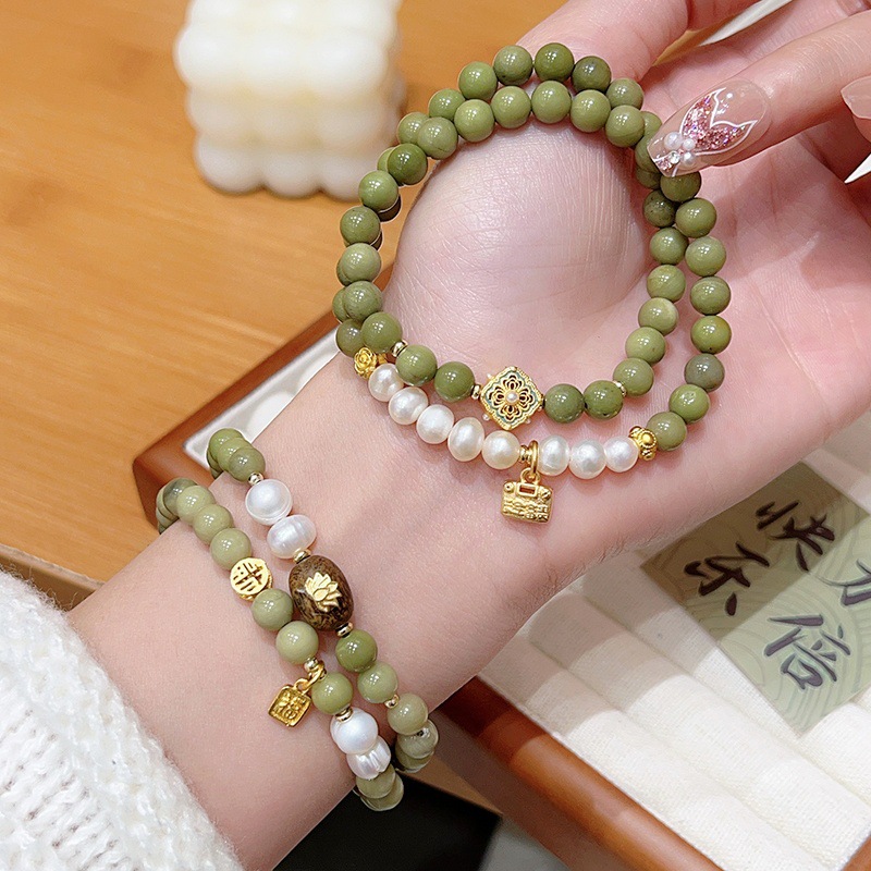 Natural Alashan Agate & Pearl Lucky Charm Bracelet - Avocado Green Beaded Jewelry